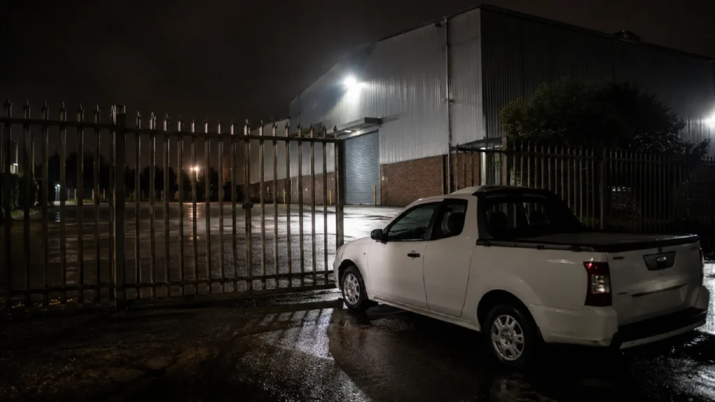 Response vehicle at a Gauteng warehouse gate after false alarm call-outs Centurion sites report