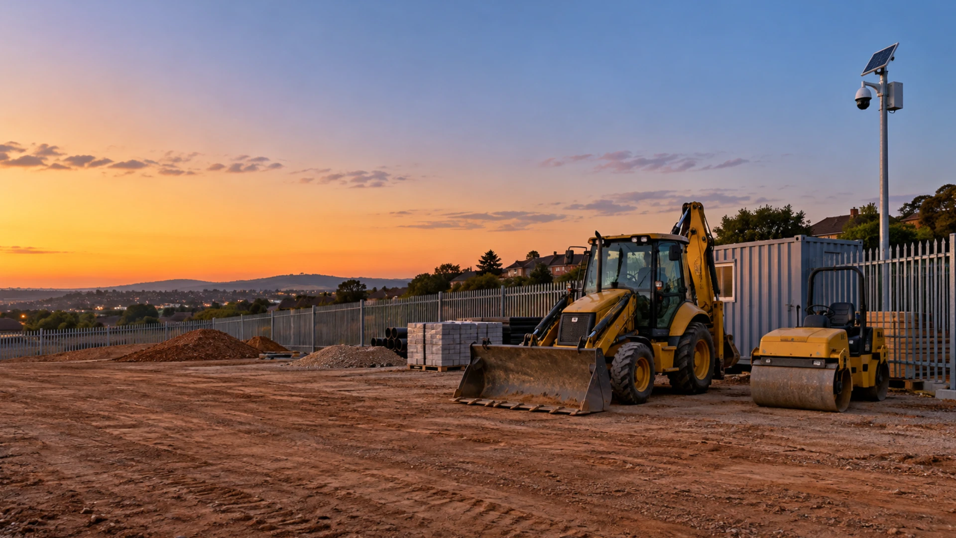 Construction site security Centurion camera mast overlooking parked plant and a site container